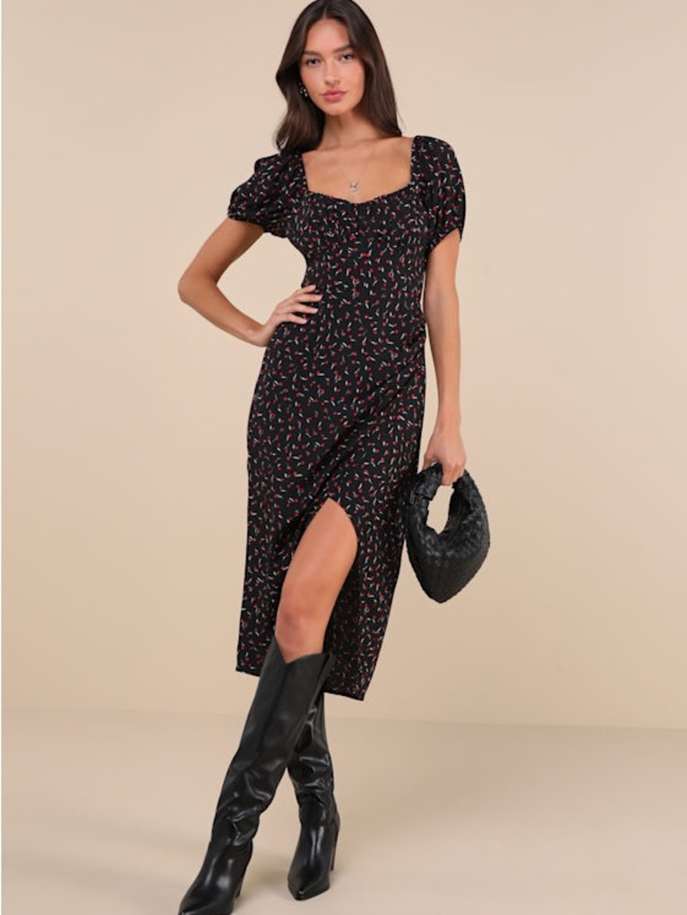 Lulus Compelling Flirt Black Floral Lace-Up Puff Sleeve Midi Dress Size S NWT